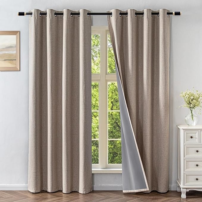 Linen Curtains 72 Inch Length 2 Panels Set, 100% Blackout Curtains Textured Thermal Insulated, Grommet Light Blocking Drapes for Living Room Bedroom Luxury Decor(52W × 72L inch, Linen)
