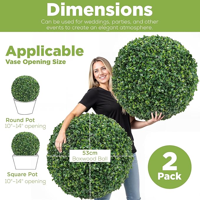 DRAY Premium 20.87" Faux Boxwood Balls – Set of 2 Artificial Topiary Spheres for Outdoor & Indoor Use – Realistic, UV-Resistant, Weatherproof Decorative Greenery – Check Measurements