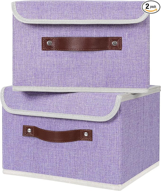 ANMINY 2PCS Storage Bins with Lid PU Leather Handles Storage Boxes PP Plastic Board Decorative Foldable Lidded Cotton Linen Fabric Home Cubes Baskets Closet Organizer Containers - Purple, Small Size