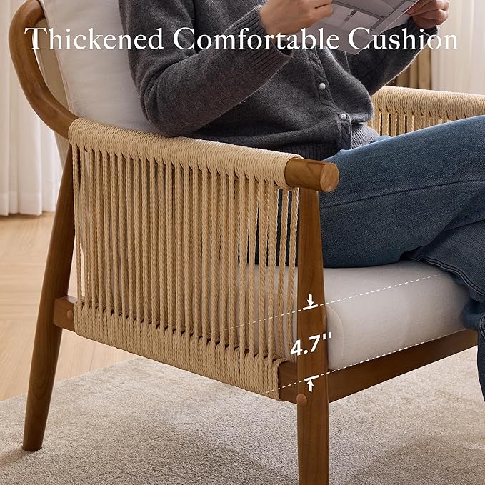 Braid Accent Chair for Living Room Bedroom Reading Room, Rattan Modern Boho Armchair with Solid Wooden Armrest & Frame and Cushions