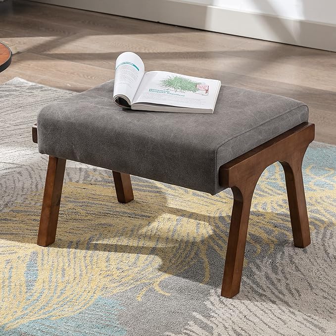 chairus Mid-Century Modern Accent Chair with Ottoman, Linen Fabric Armchair with Wood Legs Comfy Upholstered Single Sofa Chair for Living Room/Bedroom/Lounge, Grey