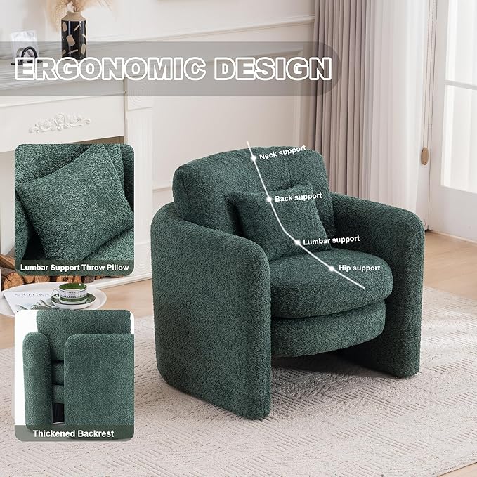 Chenille Accent Armchair Oversize Upholstered Barrel Comfy Modern Round Lounge Sofa Chair with Pillow Cozy Reading Chairs for Apartment,Office,Living Room,Dining,Makeup,Club,Green 2SET