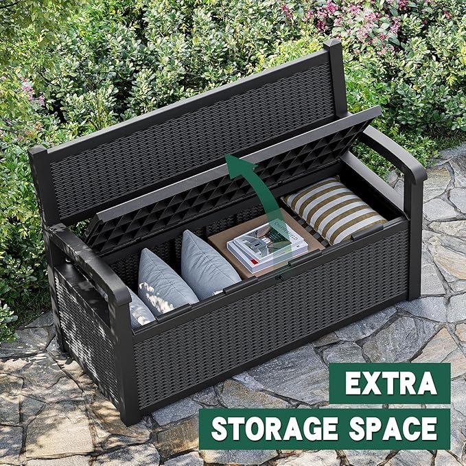 70 Gallon Lockable Outdoor Storage Bench Waterproof, Deck Box Bench for Patio, Porch, Garden, Poolside, Stores Tools & Pool Supplies, Heavy-Duty Outdoor Bench with Storage, Black