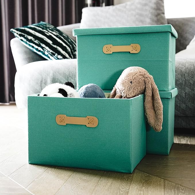 Enzk&Unity Decorative Storage Bins with Lids, Fabric Linen Foldable Storage Box with Handle Home Organizer for Shelf, Closet, Bedroom, Living Room, Office, 3 Packs, Teal