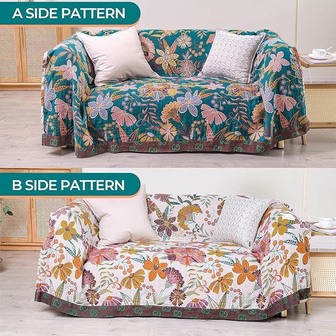 Boho Rustic Throw Blanket,100% Cotton Soft Vintage Bed Throw Blankets Floral Farmhouse Decor Throws,Reversible Throw for Sofa Couch, 60"×80" for All Seasons -White