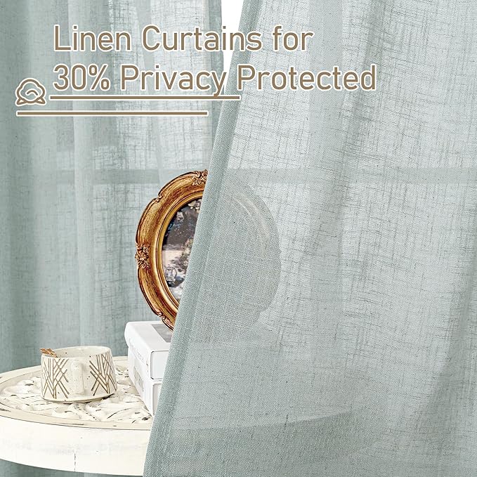 LAMIT Greyish Blue Linen Curtains 45 Inches Long for Bedroom, Light Filtering Panels Bronze Grommet Neutral Drapes for Kitchen/Window/Loft Room, 34 x 45 Inch, 2 Panels