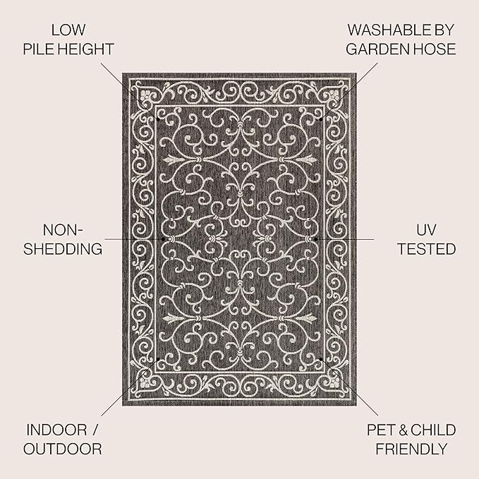 JONATHAN Y Vintage Filigree Indoor Outdoor Area Rug 3X5 Black/Gray, Charleston Textured Weave for Backyard, Patio, Porch, Easy-Cleaning, High Traffic, Pet-Friendly, Non-Shedding (SMB106G-3)