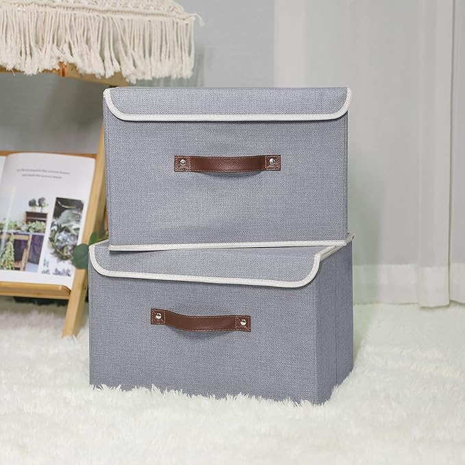 ANMINY 2PCS Storage Bins with Lid PU Leather Handles Storage Boxes PP Plastic Board Decorative Foldable Lidded Cotton Linen Fabric Home Cubes Baskets Closet Organizer Containers - Gray, Large Size