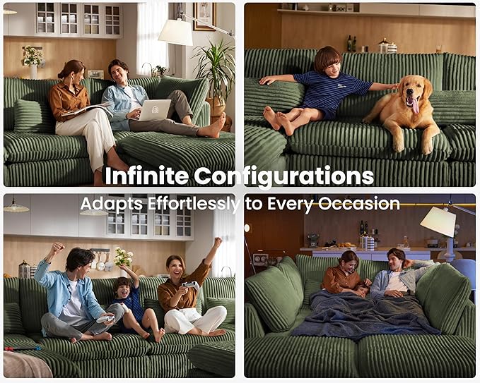 Oversized Modular Sofa, Extra Deep Cloud Corduroy Sectional Couch with Ottoman Chaise, Fluffy Corduroy 5 Seater Sofa Bed for Living Room, Villa (L Shape 5 Seater, Corduroy Green)