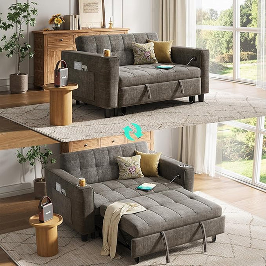 LINSY 3-in-1 Convertible Sofa Bed, 54" Pull Out Sleeper Sofa with Charging Station & Cup Holder, Small Folding Loveseat with Side Pocket for Small Space, Corduroy Couch, Gray