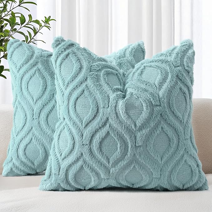 decorUhome Fall Throw Pillow Covers 24x24 Inch Set of 2, Soft Plush Decorative Faux Fur Aqua Solid Couch Pillow Covers, Accent Farmhouse Neutral Square Euro Pillow Cases for Sofa Bed Living Room