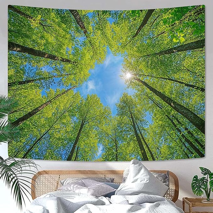 AMM Nature Forest Tree Celling Tapestry Lush Green Treetops Sunlit Tapestry for Bedroom Aesthetic Sky Sunlight Canopy Leaves Landscape Tapestries Wall Hanging for Living Room Dorm Office 90 x 68 Inch