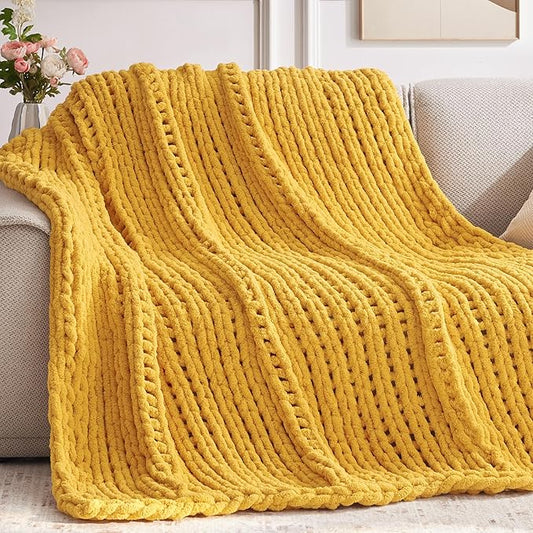 Chunky Knit Throw Blanket, 30''*40'' Knitted Throw Chenille Yarn for Bed Couch, Handmade Yellow Crochet Big Thick Blanket, Machine Washable Cute Comfy Blanket for Home Decor