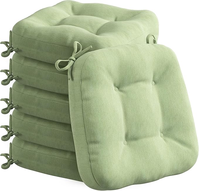 Codi 6 Pack Dining Chair Cushions, Thick Chairs Pads for Indoor Kitchen Room - Washable, Non-Slip Seat Cushion with Ties, 16.5"x16.5"x 3.5", Set of 6, Sage