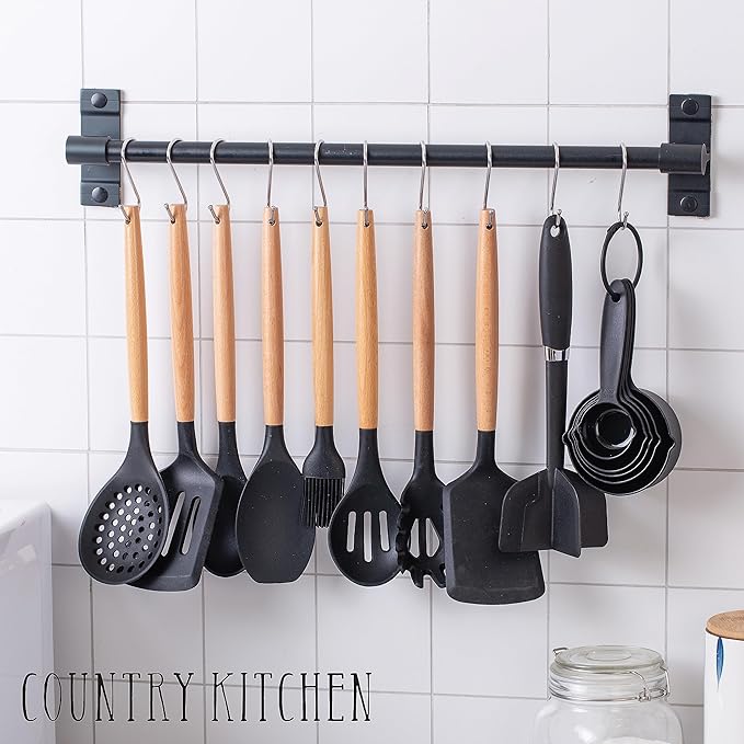 Country Kitchen Non Stick Silicone Utensil Set with Rounded Wood Handles for Cooking and Baking, 38 Piece Set, Black