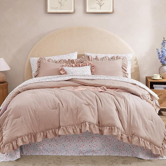 Full Comforter Set - 7 Pieces Ruffle Pink Bedding Sets, Shabby Chic Farmhouse Bed in a Bag Full with Ruffle Comforter, Floral Sheets, Pillowcases & Shams