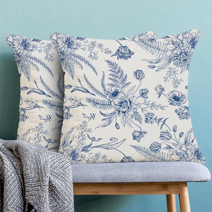 CXMEIFLY Spring Floral Leaves Pillow Covers 16 x 16 Inch Set of 2 for Chinoiserie Flowers Decor Throw Pillows Blue and White Seasonal Plant Outdoor Decorative Cushion Cases for Couch Bed Decorations