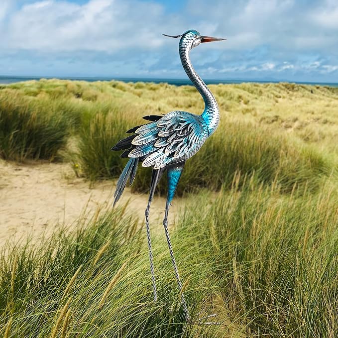 Crane Outdoor Decor Statue, Blue Heron Garden Statue Metal Yard Art Outdoor Decoy, Garden Sculptures & Statues for Yard/Lawn/Pond/Outdoor Decoration, 1Pc