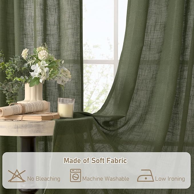 LAMIT Olive Green Sheer Linen Curtains 84 Inches Long for Living Room, Light Filtering Christmas Window Treatments Semi Sheer Neutral Drapes with Bronze Grommet for Bedroom, 52 x 84 Inch, 2 Panels Set