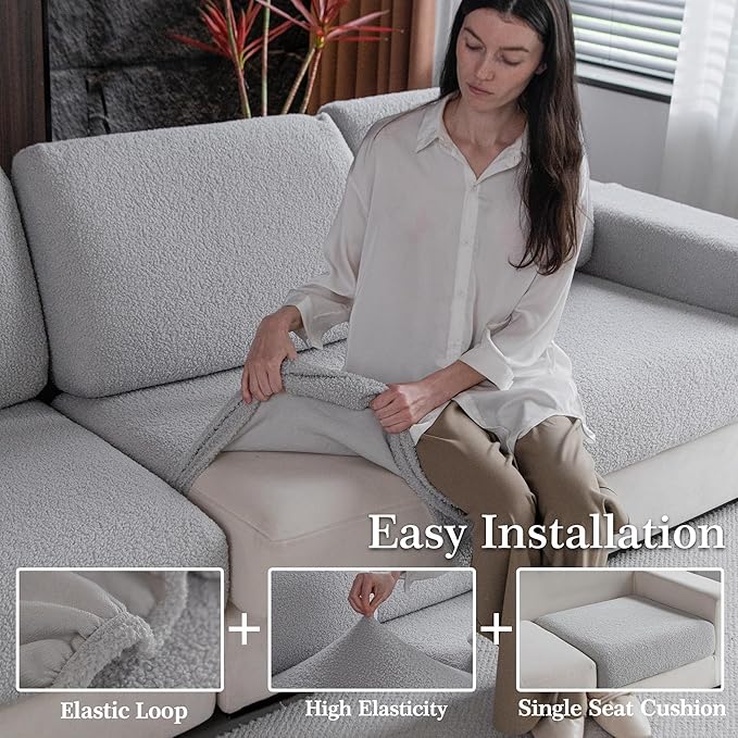 Couch Cushion Covers for Sectional Sofa, Stretch Soft Sofa Slipcovers Washable Wear-Resistant Universal Furniture Protector for Living Room(2 Seaters Covers+1 Chaise Cover, Light Gray)