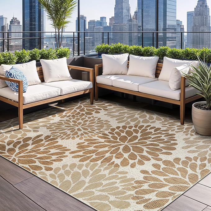 Beverly Rug Outdoor Rug 10x14 Modern Exotic Tropical Leaf Area Rugs for Indoor and Outdoor Patio Deck Porch Garden Water Resistant Washable Outside Carpet (10 x 14 Beige)