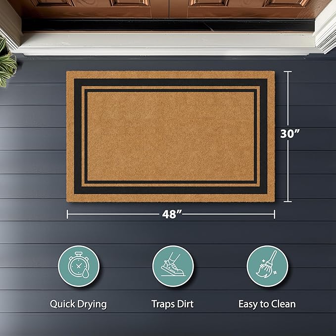 Barnyard Designs Natural Coco Coir Heavy Duty Backing Doormat - Large Cute Non-Slip Front Door Welcome Mat for Outside Entrance or Porch Entry, Brown (30x48, Border)