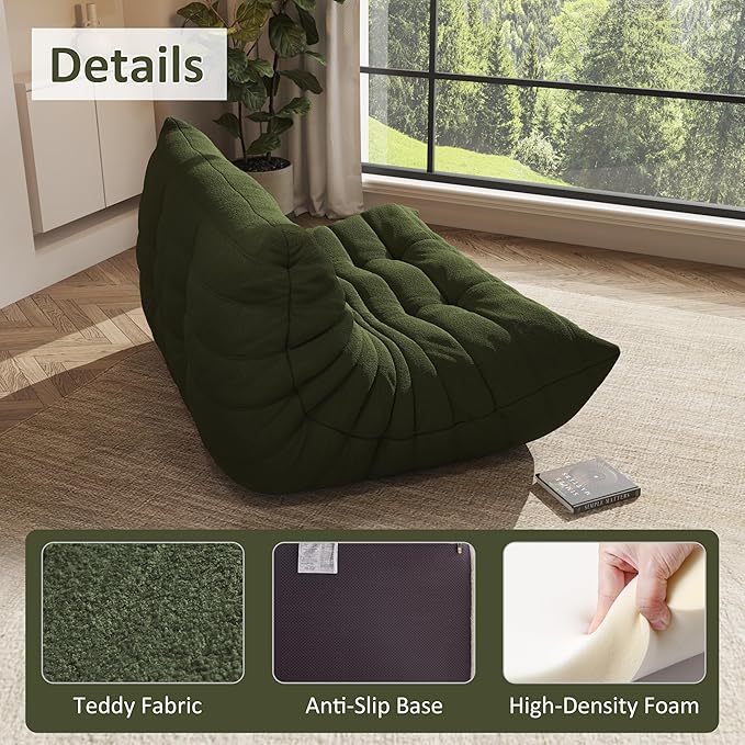 Bean Bag Chair, Oversized Loveseat Fireside Chair for Adults, 2 Seater with Memory Foam Filled, Lazy Sofa Lounge Floor Sofa for Living Room, Bedroom, Office, No Assembly Required. (Green)
