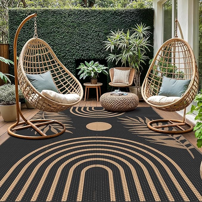GENIMO Outdoor Rug 8' x 10' Waterproof for Patio Clearance, Reversible Lightweight Plastic Straw Camping Carpet, Large Area Rugs Mats for Rv, Backyard, Deck, Porch, Picnic, Balcony, Mix-Black & Brown