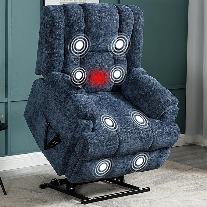 Dual Motor Power Lift Recliner Chair with Massage and Heat for Elderly People, Infinite Position, Dark Blue Recliner Chair, Chenille Fabric Lift Chair