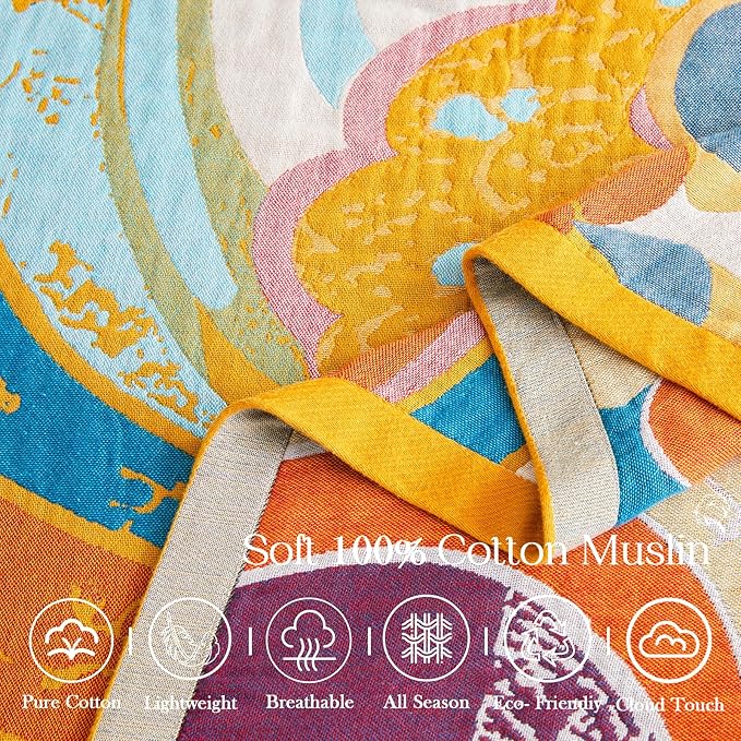 Boho Throw Blanket, Lightweight Blankets for Summer, 100% Cotton Bohemian Decorative Throw Blanket, 90"x98" Reversible Muslin Breathable Woven Farmhouse Blankets Quilt,