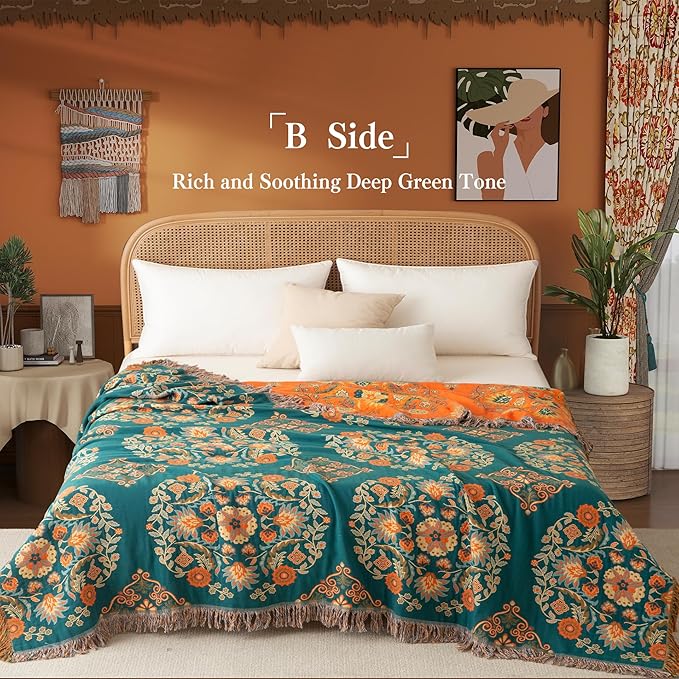 Boho Throw Blanket Twin Size, Soft Cozy Cotton Muslin Quilt Blanket for Bed Decor, Floral Patterned Couch Sofa Chair Cover, Vintage Farmhouse Cottage Tapestry Woven Blanket, Orange&Green