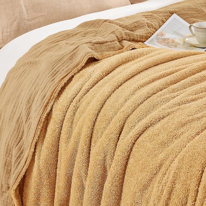 EMME Muslin and Fleece Throw Blanket Reversible - 50"*60" Beige Soft Warm Throw Blankets for Couch Bed Picnic Travel Bed