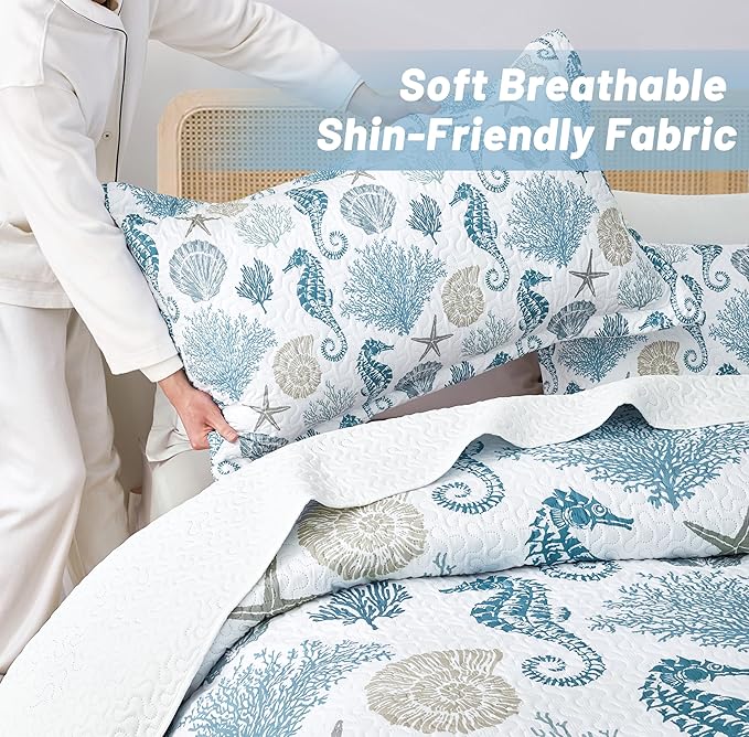 Coastal Bedding California King Size Coastal Quilt with 2 Shams, Nautical Beach Comforter Sets Ocean Bedspreads Blue Seahorse Coverlet Summer Bedding, 106''x118''