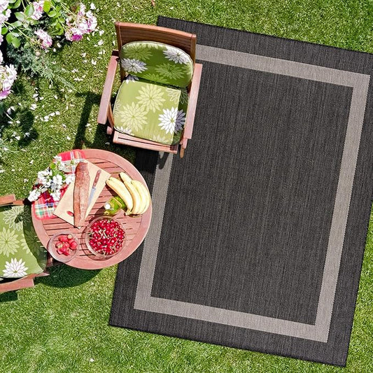 CAMILSON Outdoor Rug 8x10,Modern Outside Rugs for Patios Porches Waterproof Durable Washable Non-Shedding, Easy-to-Clean Indoor Outdoor Area Carpet (8 x 10, Bordered - Dark Gray/Light Gray)