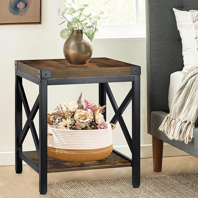 End Table Large Side Table for Living Room, Rustic Farmhouse End Tables with 2-Tier Storage, Square Nightstand Bedside Table X-Design Metal Frame, Brown (Wind, Brown)