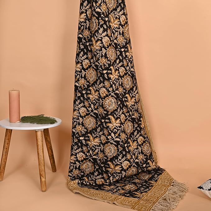Bohemian Floral Cotton Throw Blanket with Tassels | 48x70 Inch Handblock Printed Sofa Throw | Black & Gold Decorative Bed Cover | Lightweight Couch Throw for Living Room & Bedroom