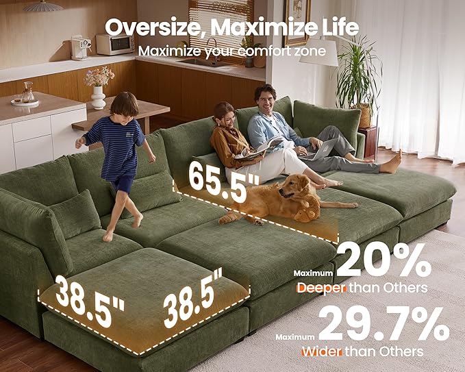 Oversized Modular Sofa, Extra Deep Cloud Chenille Sectional Couch with Ottoman Chaise, Fluffy Chenille 5 Seater Sofa Bed for Living Room, Villa (L Shape 5 Seater, Chenille Green)