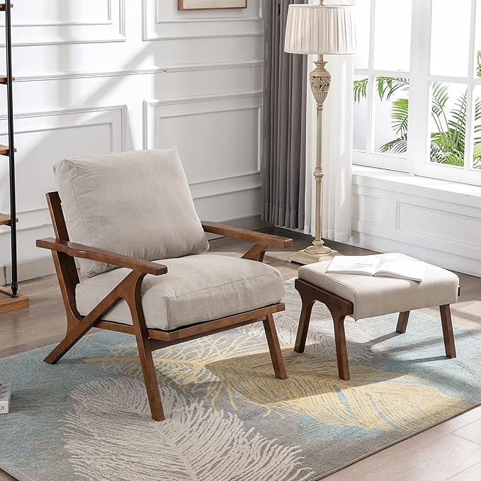 chairus Mid-Century Modern Accent Chair with Ottoman, Linen Fabric Armchair with Wood Legs Comfy Upholstered Single Sofa Chair for Living Room/Bedroom/Lounge, Beige
