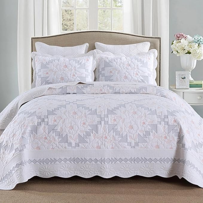MarCielo 3-Piece 100% Cotton Oversized Bedspread Lightweight Quilt Coverlet Embroidery Farmhouse Bedding Set (TC Colorful White, Oversized Queen (100"x106"))