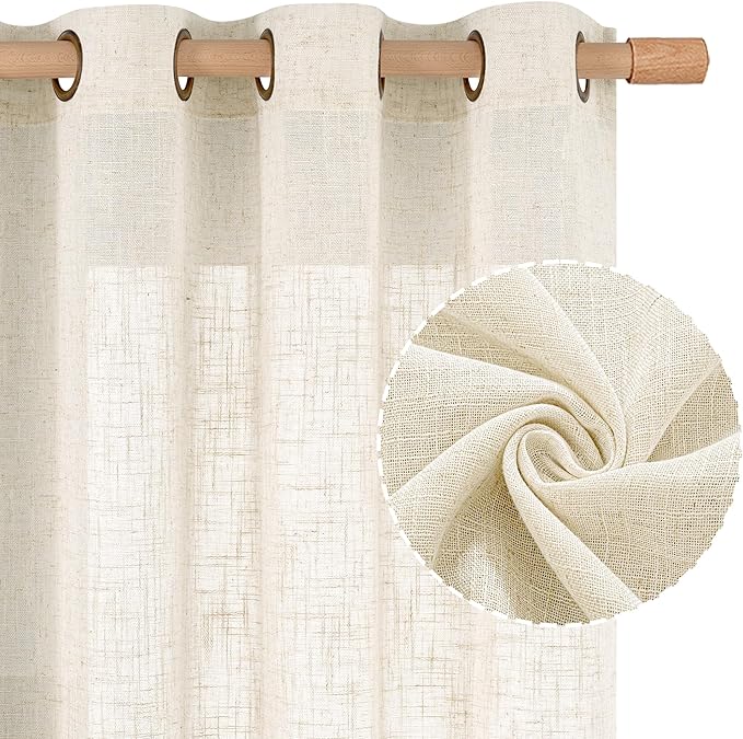 LAMIT 48 Inch Length Semi Sheer Linen Curtains 2 Panels, Cream Ivory Light Filtering Panels Bronze Grommet Boho Neutral Drapes for Kitchen/Short Windows/Cafe, Cream Ivory, 34 x 48 Inch