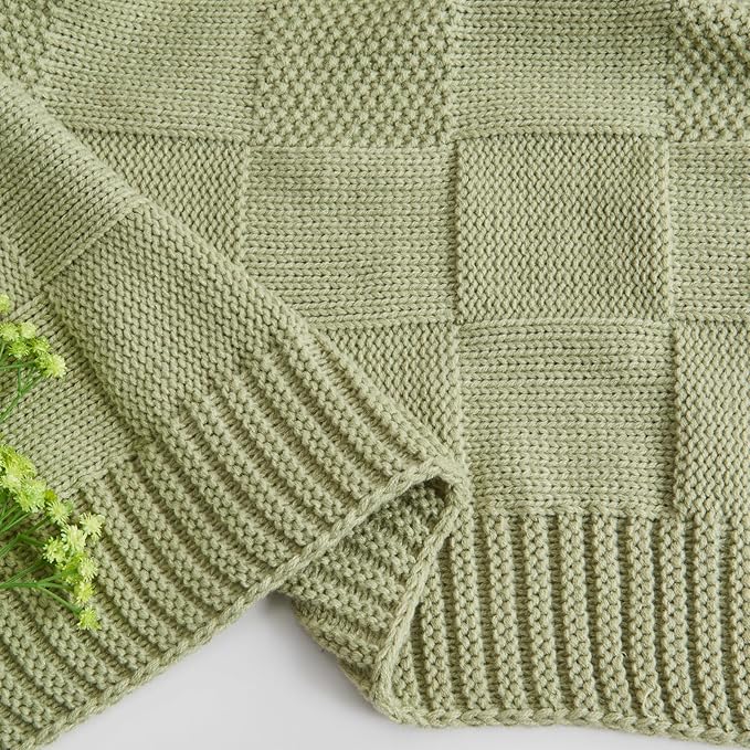 CozeCube Check Knit Throw Blanket, Sage Green Checkered Throw for Couch, Decorative Christmas Soft Cozy Warm Knitted Blanket for Bed Sofa Living Room, 60"X80"