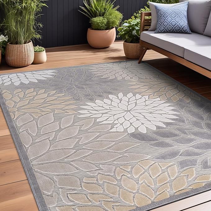 Beverly Rug Outdoor Rug 10x14 Large Modern Floral Tropical Area Rugs for Indoor and Outdoor Patio Easy to Clean Non Shedding Living Room Porch Garden Washable Outside Carpet (10 x 14 Gray)