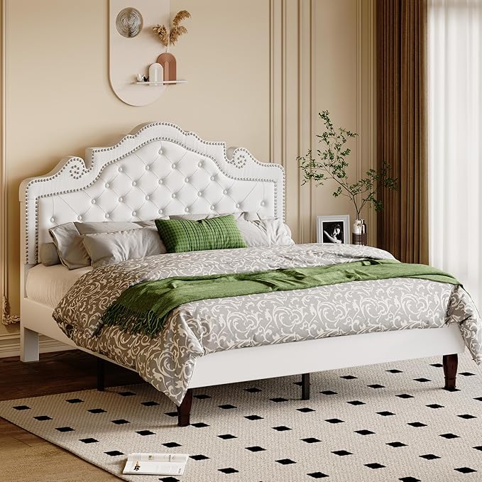 Allewie Queen Bed Frame with Adjustable Velvet Tiara Headboard, Upholstered Diamond Button Tufted Platform Bed, Wood Slats Support, No Box Spring Needed, Mattress Foundation, Easy Assembly, White