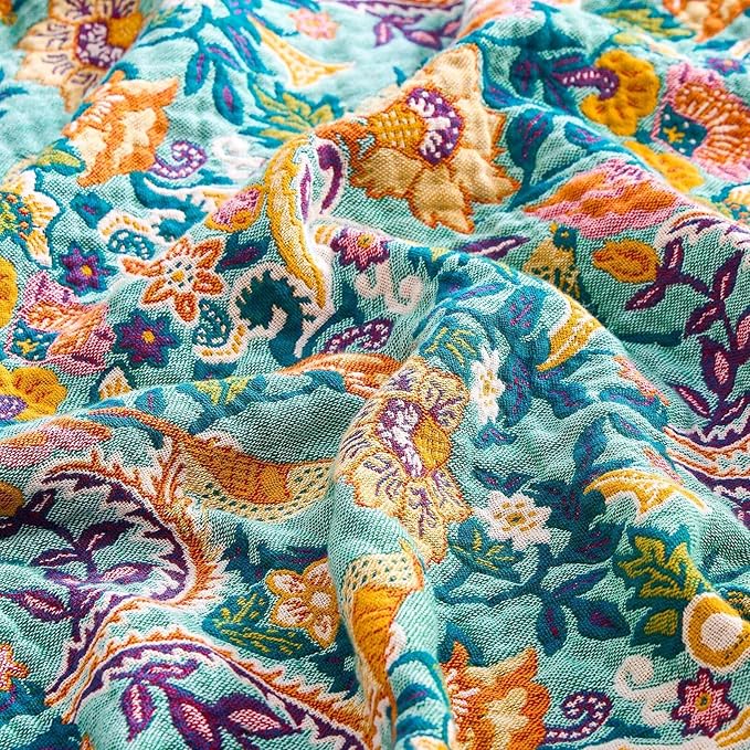 Boho Blanket Throw Quilt, 100% Cotton Soft Light Weight Throw Blankets for Summer, 50"x60" Farmhouse Flower Decorative Blankets, All Season Rustic Reversible Bohemian Throw Quilt