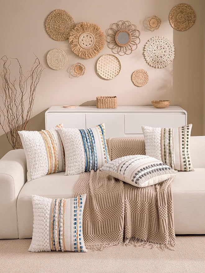 Boho Chenille Tufted Couch Throw Pillow Covers 18x18 Inch Set of 2 Farmhouse Striped Decorative Pillow Covers Accent Neutral Square Pillowcase Blue Cushion Covers for Livingroom Sofa Bed