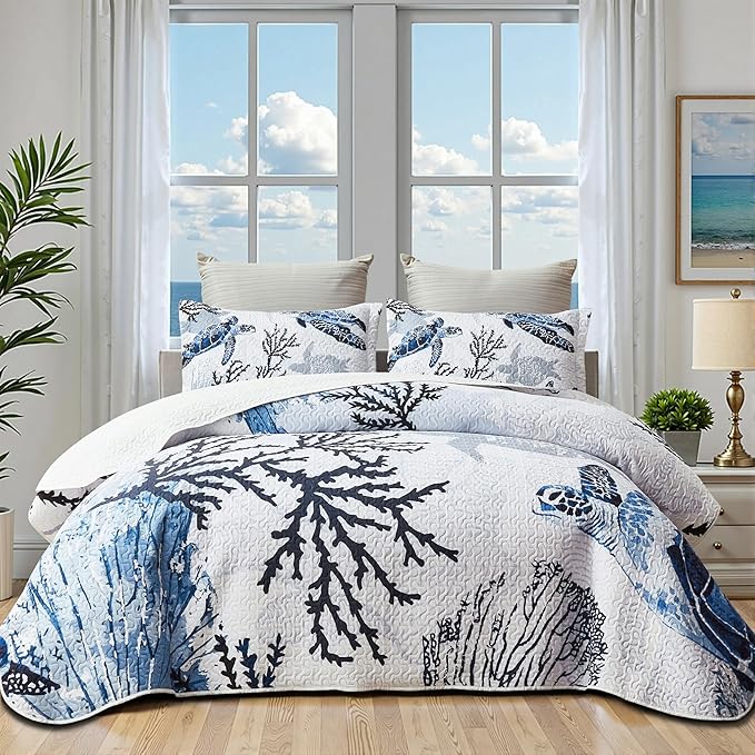 Coastal Bedding California King Size Coastal Quilt with 2 Shams, Nautical Beach Comforter Sets Ocean Bedspreads Blue Seaturtle Coverlet Summer Bedding, 106''x118''