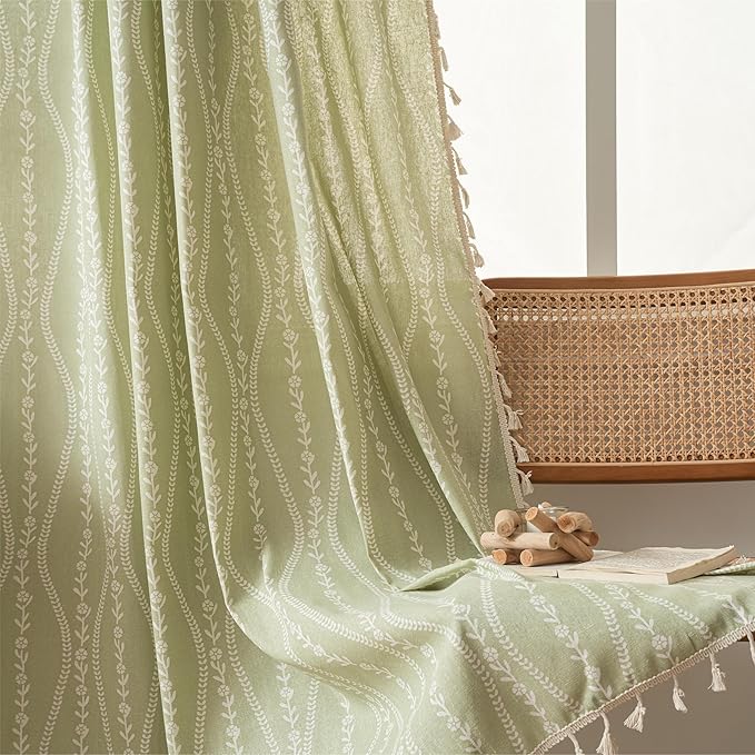 Sutuo Home Green Boho Curtains 84 Inches Long for Bedroom Living Room Dining Room, Bohemian Stripe Floral Vintage Tassels Window Treatment Drape for Easter Decor Rod Pocket, 1 Panel 59" W x 84" L