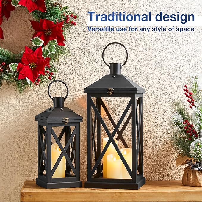 Glitzhome Modern Farmhouse Wooden Lantern Hanging Decorative Candle Lantern for Outdoor & Indoor Black Set of 2 (No Glass)