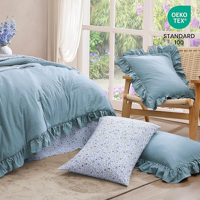 Full Comforter Set - 7 Pieces Ruffle Blue Bedding Sets, Shabby Chic Farmhouse Bed in a Bag Full with Ruffle Comforter, Floral Sheets, Pillowcases & Shams