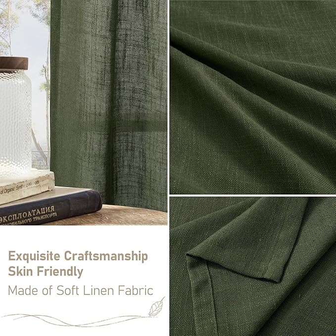 LAMIT 45 Inch Short Window Linen Curtains, Light Filtering Panels Bronze Grommet Room Decor Drapes for Small Windows/Bathroom/Loft Room, Olive Green, 2 Panels, 34 x 45 Inch